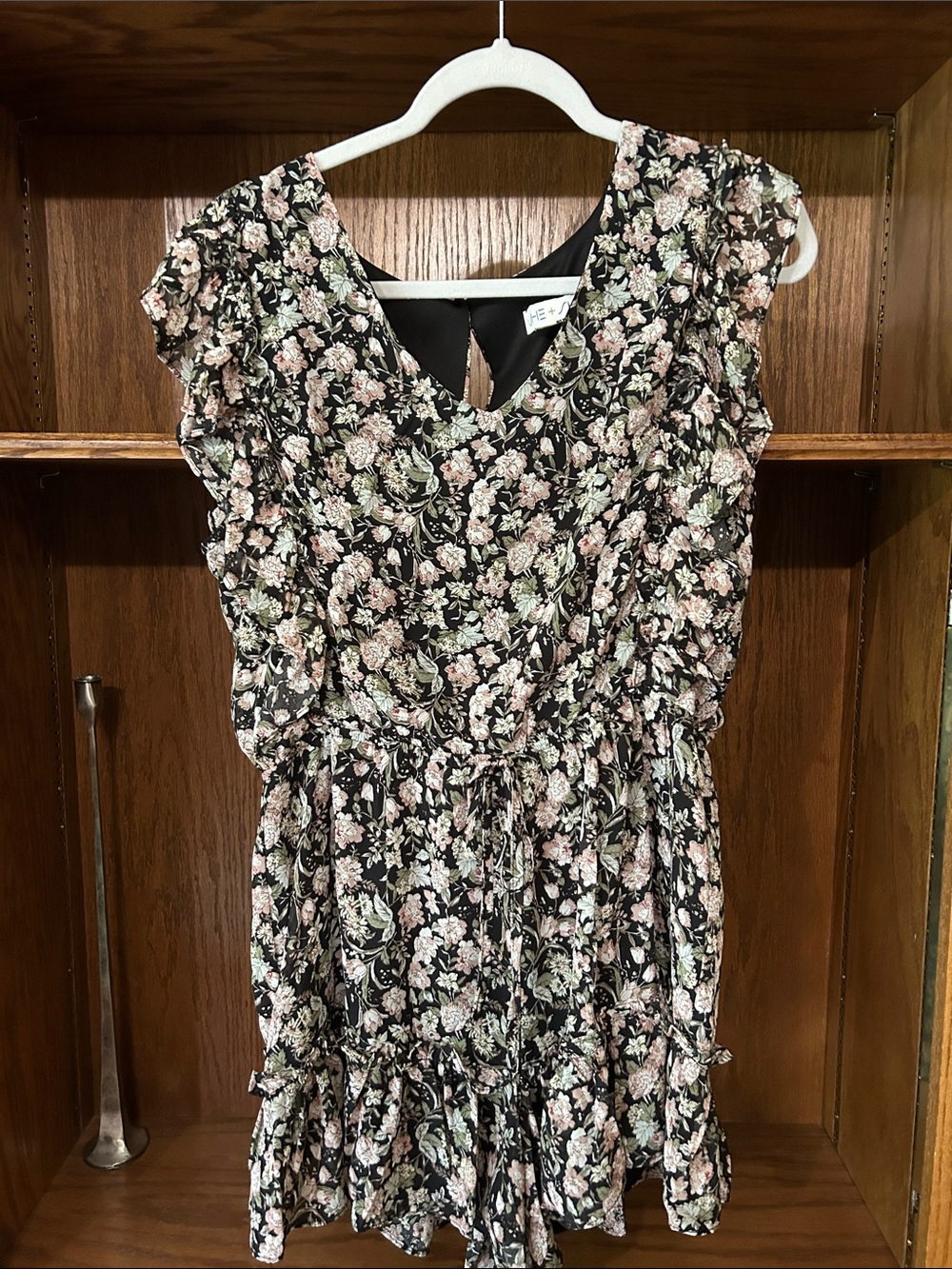 She + Sky Black Floral Ruffled Romper